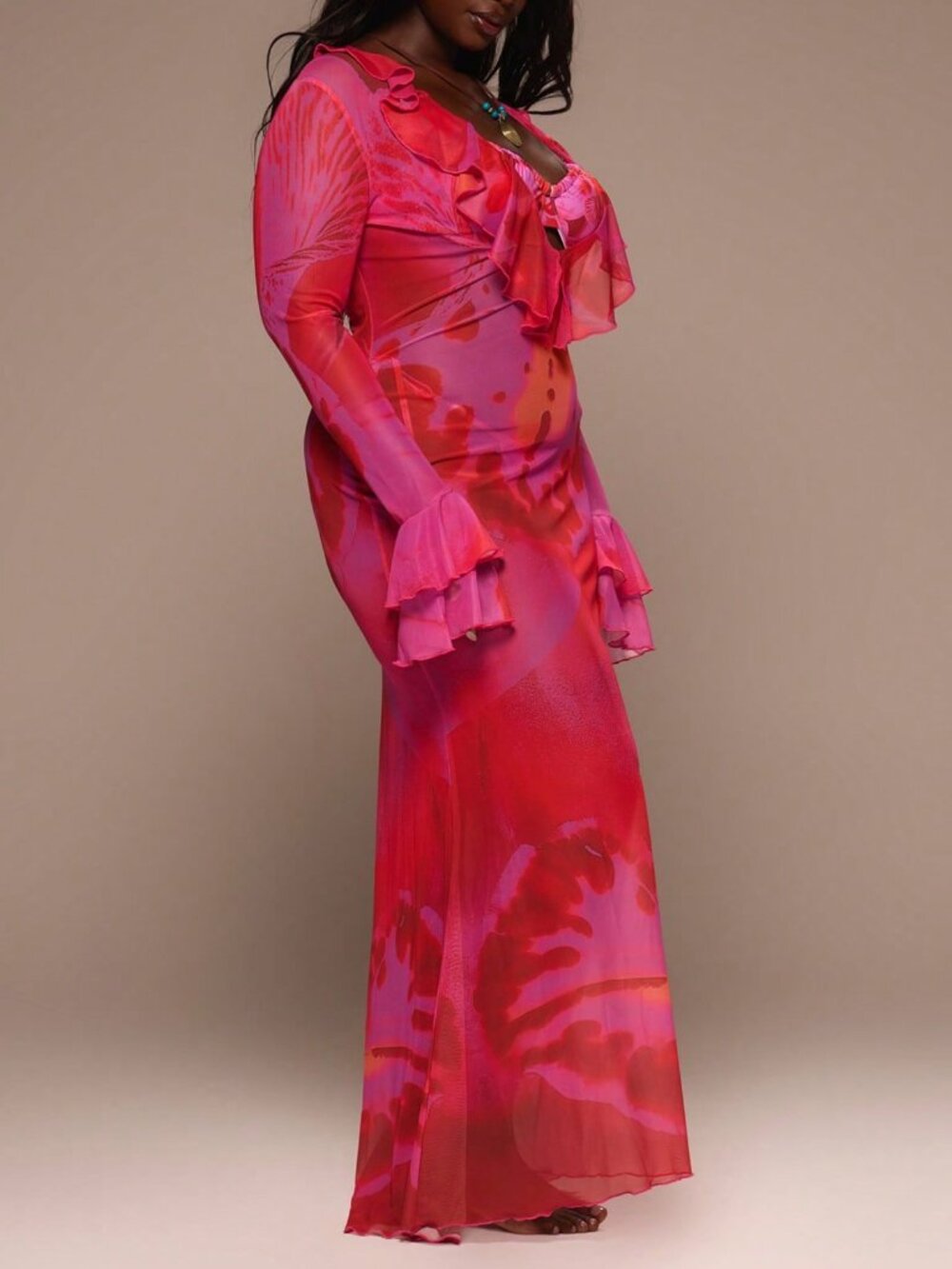 Sexy Women's Plus Size Floral Print Mesh Ruffle Plunge neck maxi dress - Picture 3 of 6